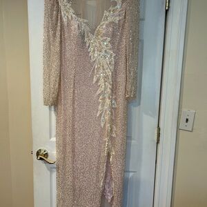Gold and Cream Sequin Embellished Gown with Plunge Neckline
